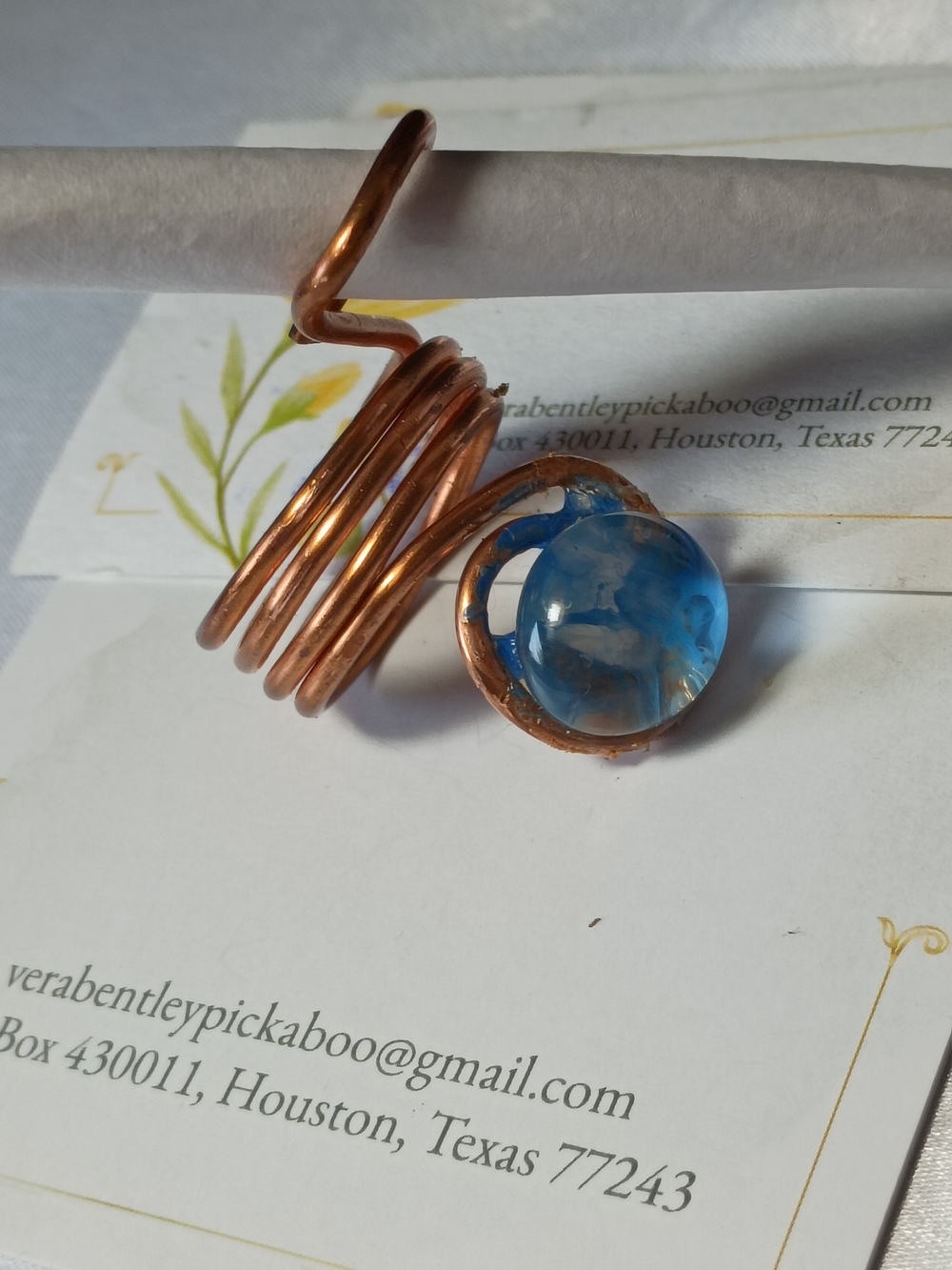 Copper Spiral Ring with Blue Glass Stone - Picture 11 of 12